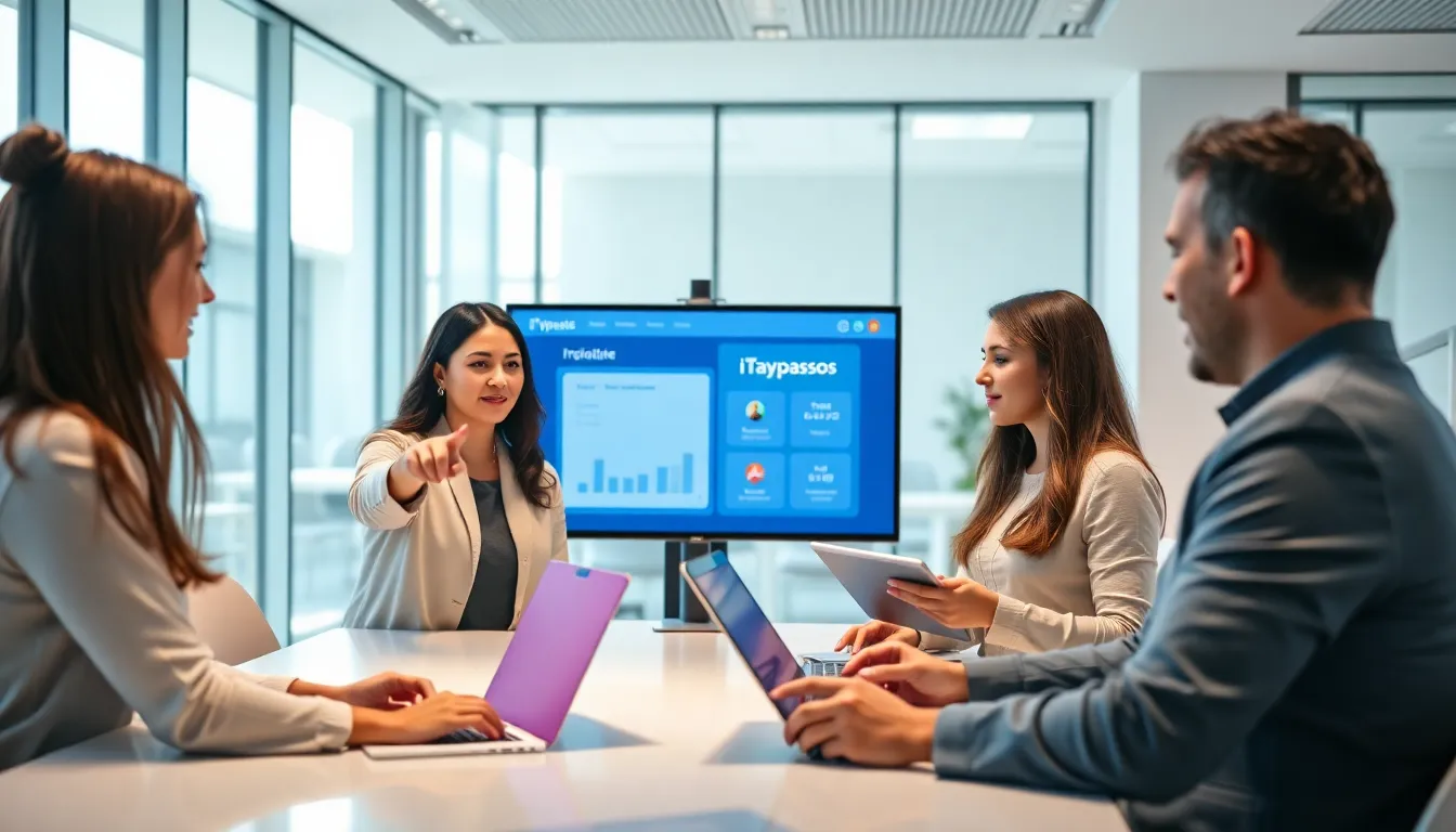 diverse team collaborating over a digital platform in a modern office.